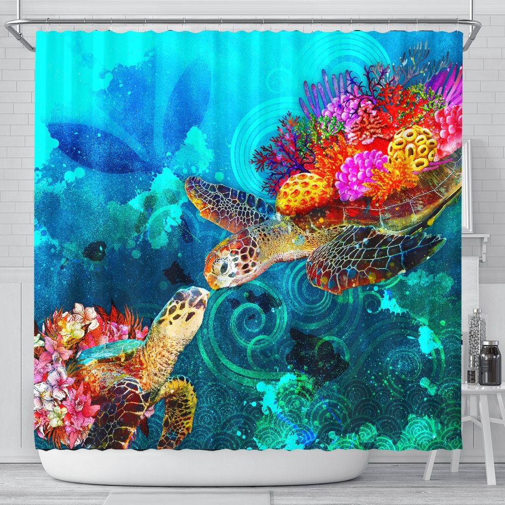 Hawaii Shower Curtain - Sea Turtle Coral Treasure 177 x 172 (cm) BLACK - Polynesian Pride