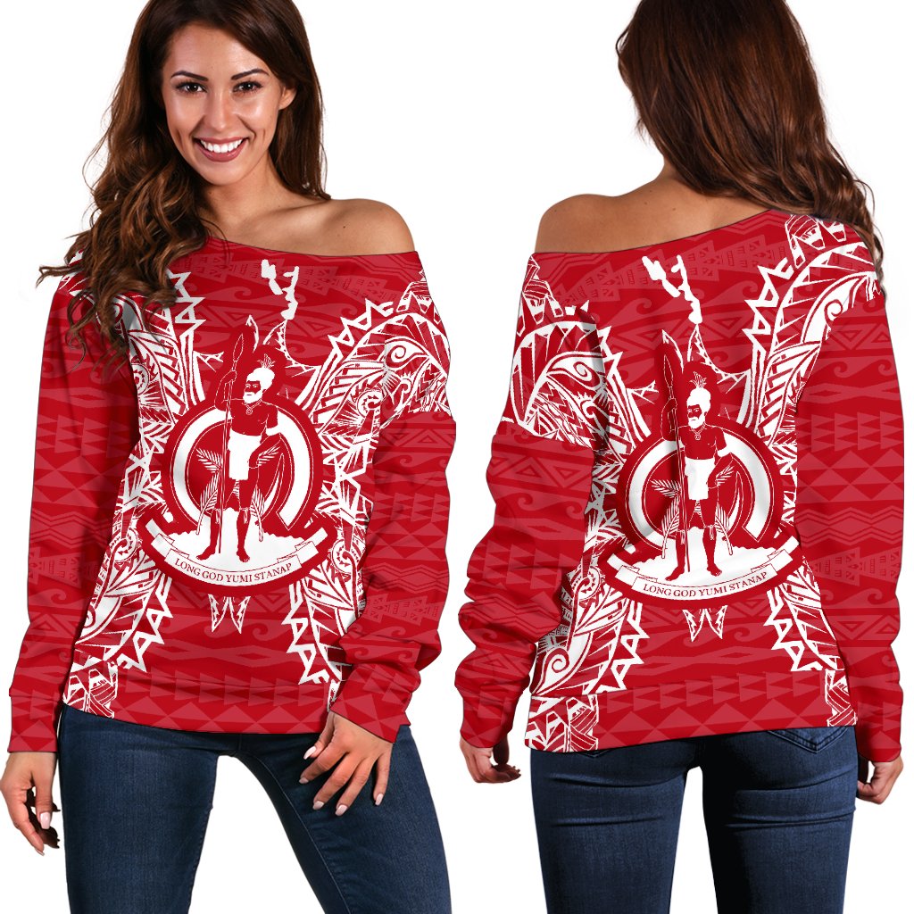 Vanuatu Polynesian Shoulder Sweater Map Red White Red - Polynesian Pride