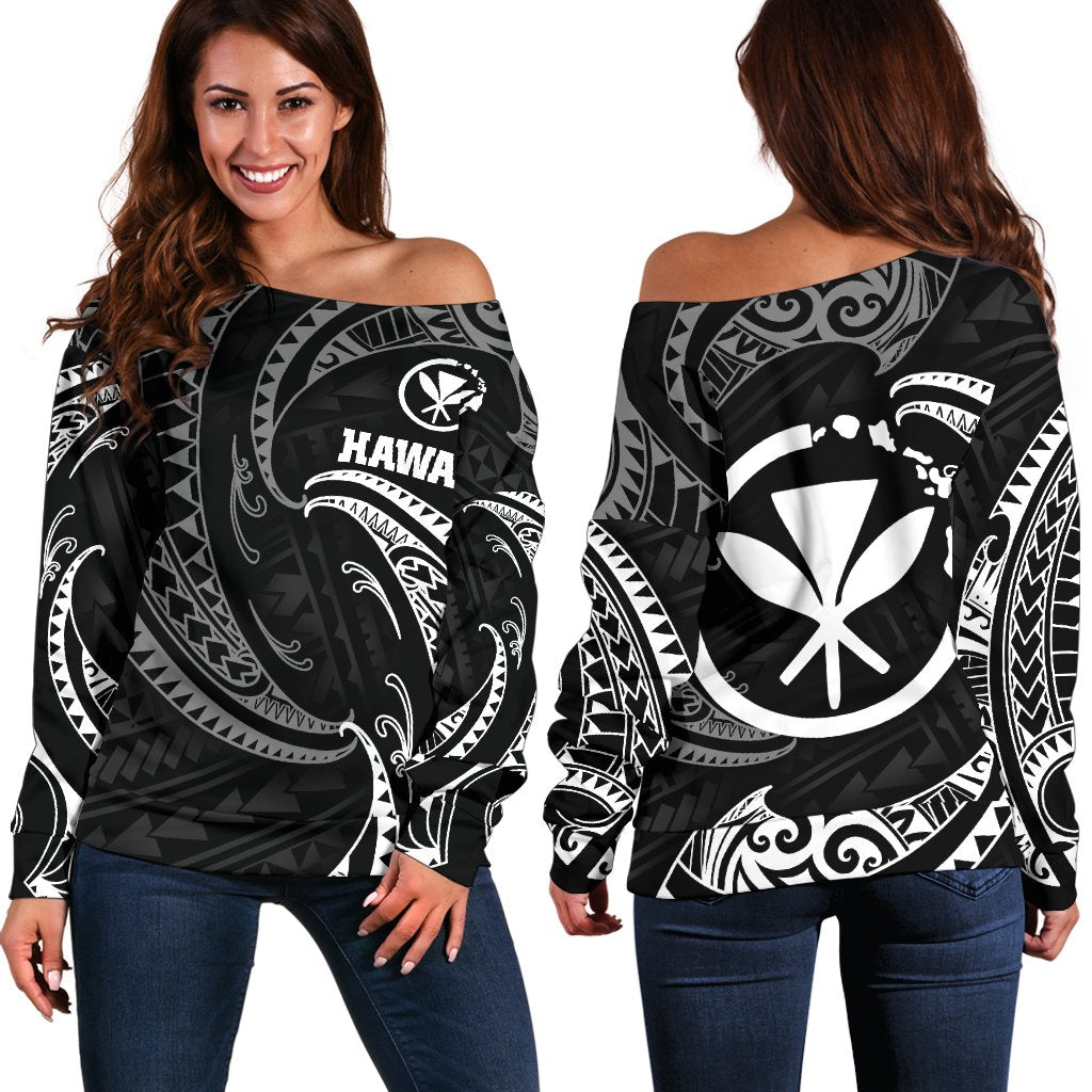 Hawaii Polynesian Women's Off Shoulder Sweater - White Tribal Wave Black - Polynesian Pride