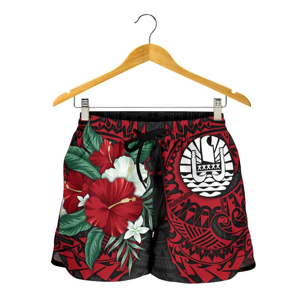 Tahiti Polynesian Women's Shorts - Hibiscus and Sea Turtle (Red) - Polynesian Pride