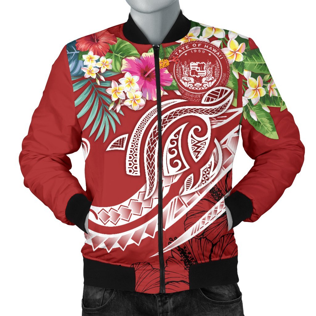 Polynesian Hawaii Men's Bomber Jacket - Summer Plumeria (Red) Red - Polynesian Pride