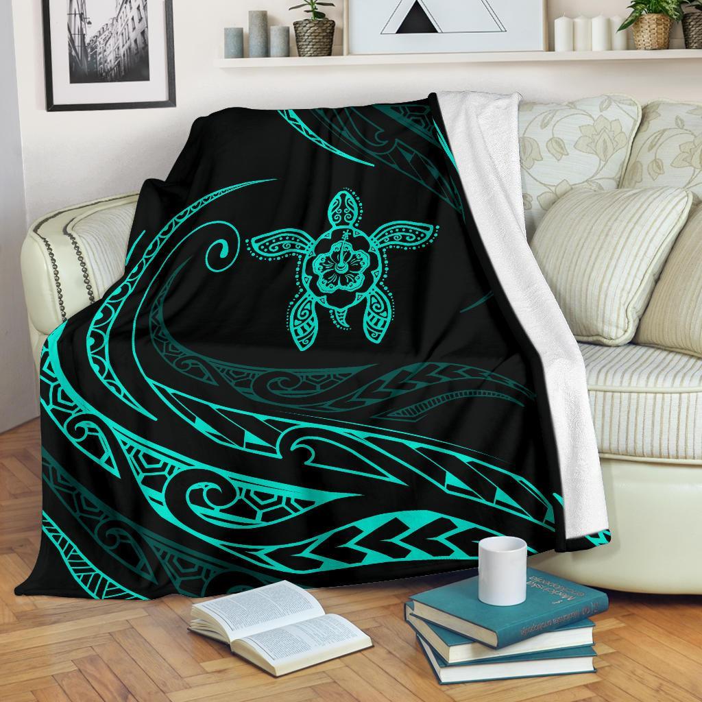 Hawaii Turtle Hibicus Premium Blanket - Frida Style - Turquoise - Polynesian Pride