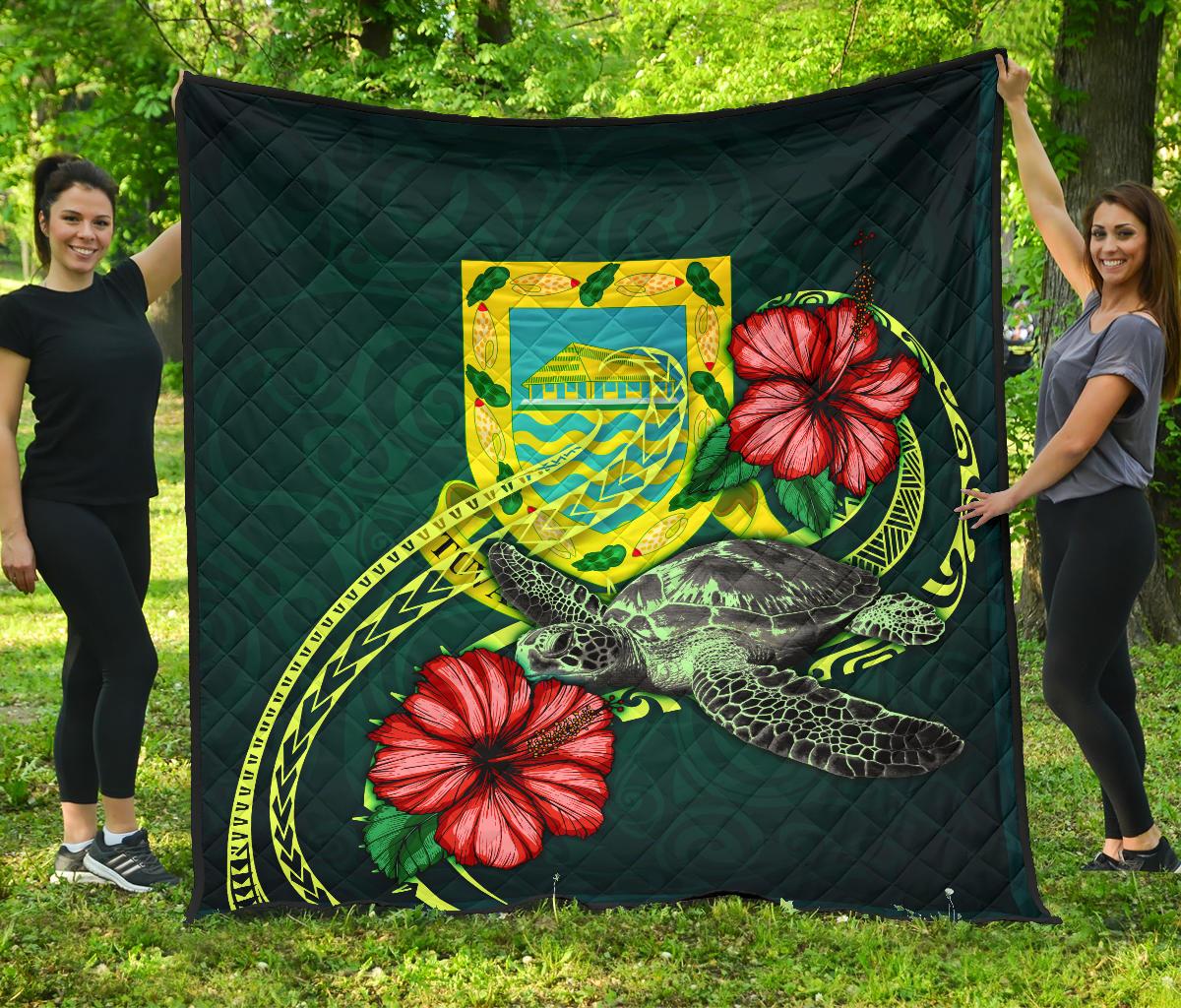 Tuvalu Polynesian Premium Quilt - Green Turtle Hibiscus Green - Polynesian Pride