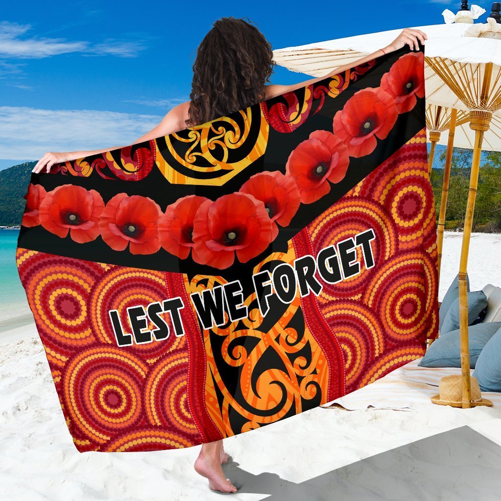 Anzac Lest We Forget Poppy Sarong New Zealand Maori Silver Fern - Australia Aboriginal Sarong One Size Red - Polynesian Pride