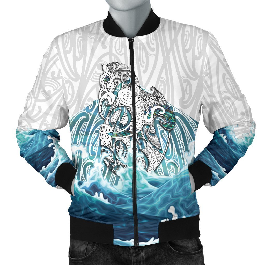 Maori Manaia The Blue Sea Men's Bomber Jacket, White Art - Polynesian Pride