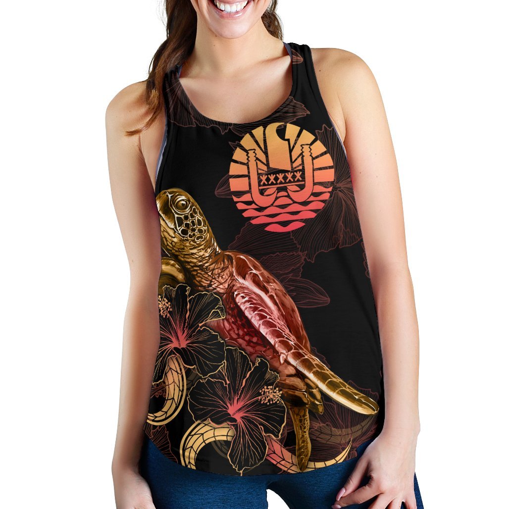 Tahiti Polynesian Women Tank Top - Turtle With Blooming Hibiscus Gold - Polynesian Pride