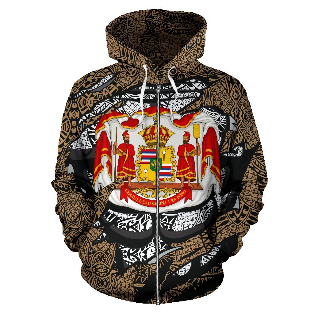Polynesian Kanaka Maoli Royal Coat of Arms Hawaii Zip Hoodie Gold - Polynesian Pride