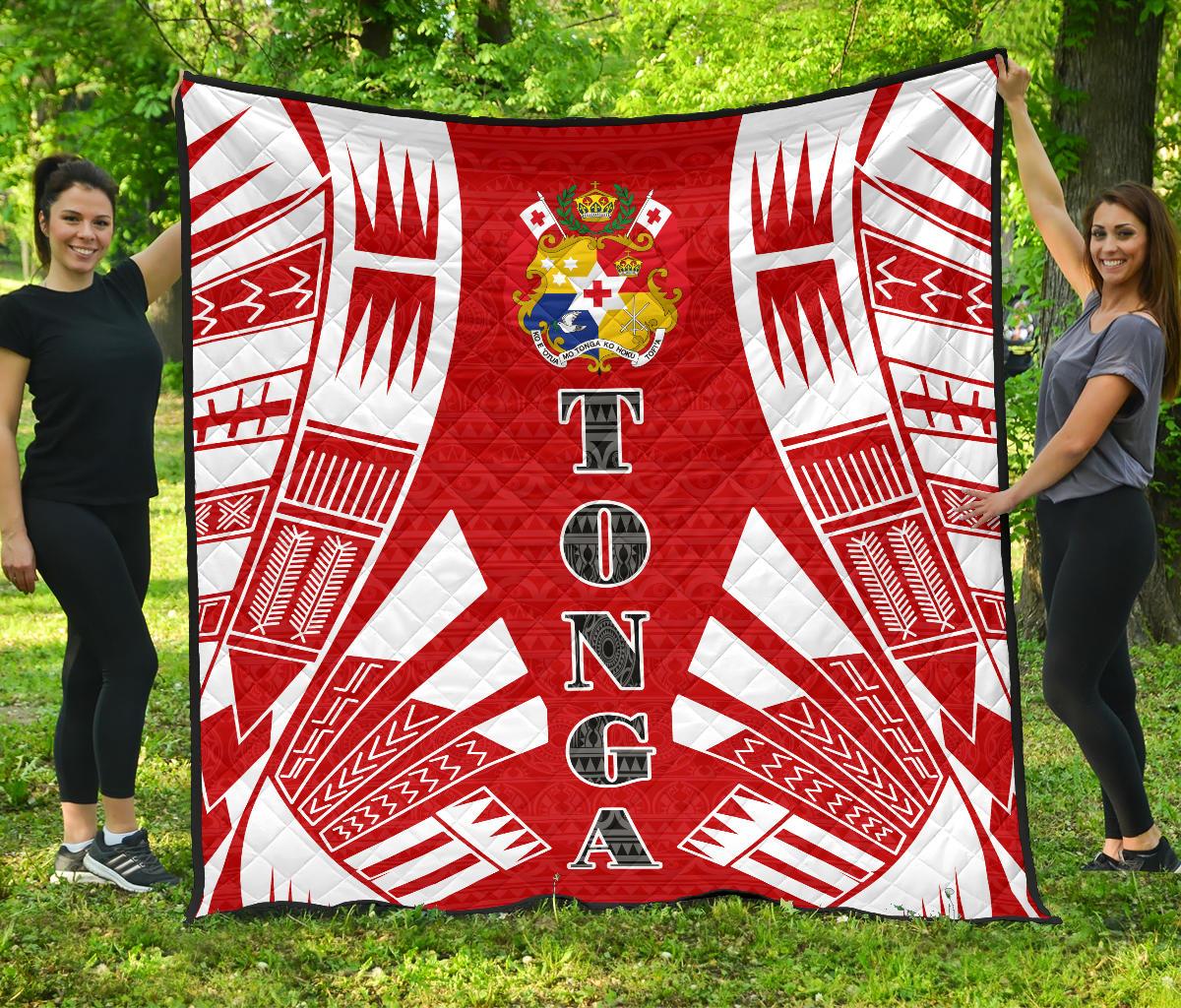 Tonga Premium Quilt - Tonga Coat Of Arms Polynesian White Tattoo (Red) - Polynesian Pride