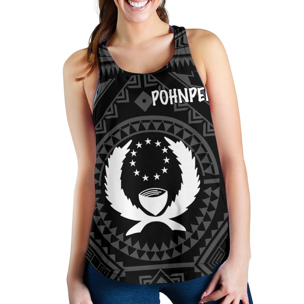 Pohnpei Women's Racerback Tank - Pohnpei Seal With Polynesian Tattoo Style ( Black) - Polynesian Pride