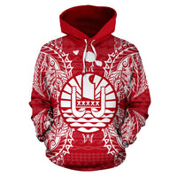 French Polynesia Polynesian ll Over Hoodie Map Red White - Polynesian Pride
