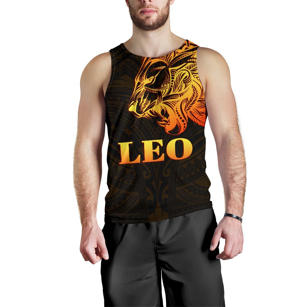 Sun In Leo Zodiac Men Tank Top Polynesian Tattoo Simple - Orange Black Orange - Polynesian Pride
