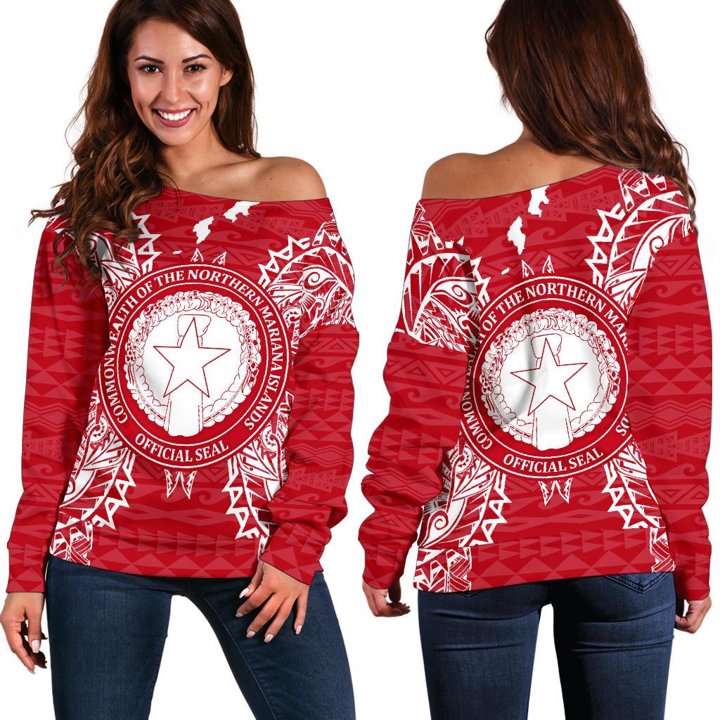 Northern Mariana Islands Polynesian Shoulder Sweater Map Red White Red - Polynesian Pride