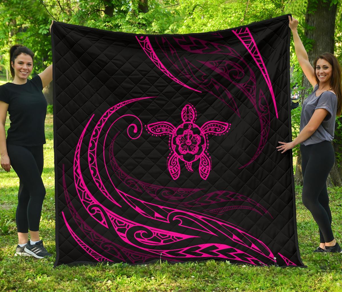 Hawaii Turtle Hibicus Premium Quilt - Frida Style - Pink Pink - Polynesian Pride