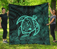 Hawaii Turtle Kanaka Map Hibiscus Poly Premium Quilt - Turquoise Turquoise - Polynesian Pride