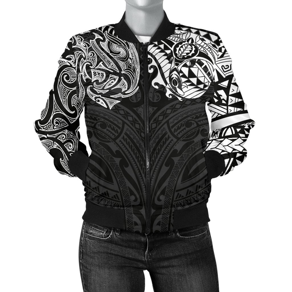 New Zealand Women's Bomber Jacket, Maori Polynesian Tattoo White White - Polynesian Pride