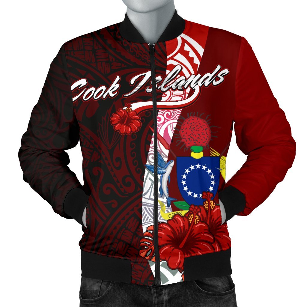 Cook Islands Polynesian Men's Bomber Jacket - Coat Of Arm With Hibiscus Red - Polynesian Pride