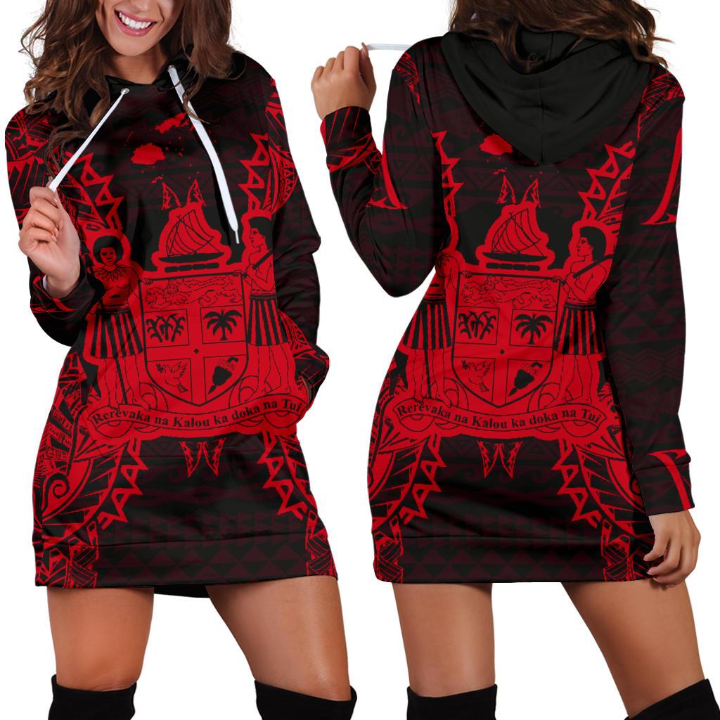 Fiji Polynesian Hoodie Dress Map Red Red - Polynesian Pride