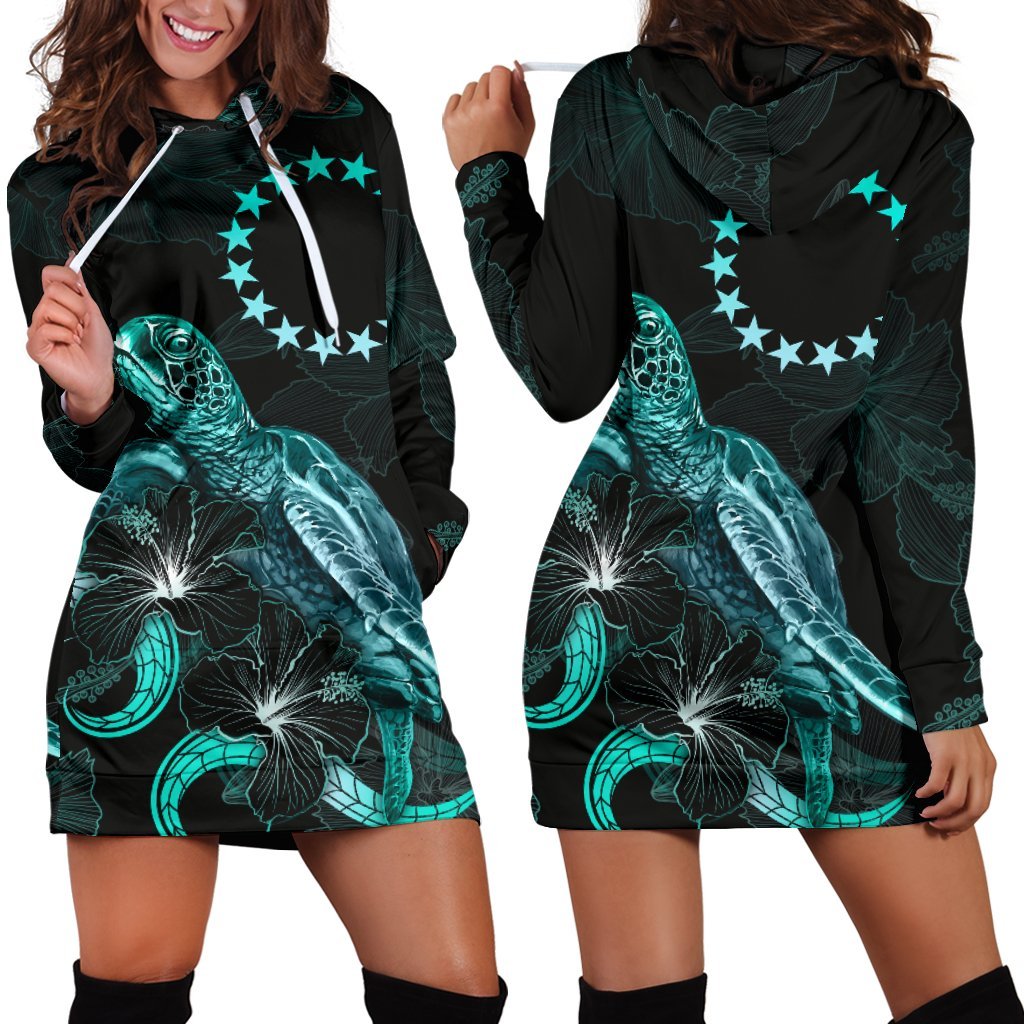 Cook Islands Polynesian Hoodie Dress - Turtle With Blooming Hibiscus Turquoise Turquoise - Polynesian Pride