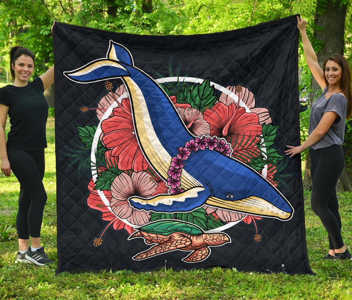 Hawaii Premium Quilt - Hibiscus Whale Turtle Black - Polynesian Pride
