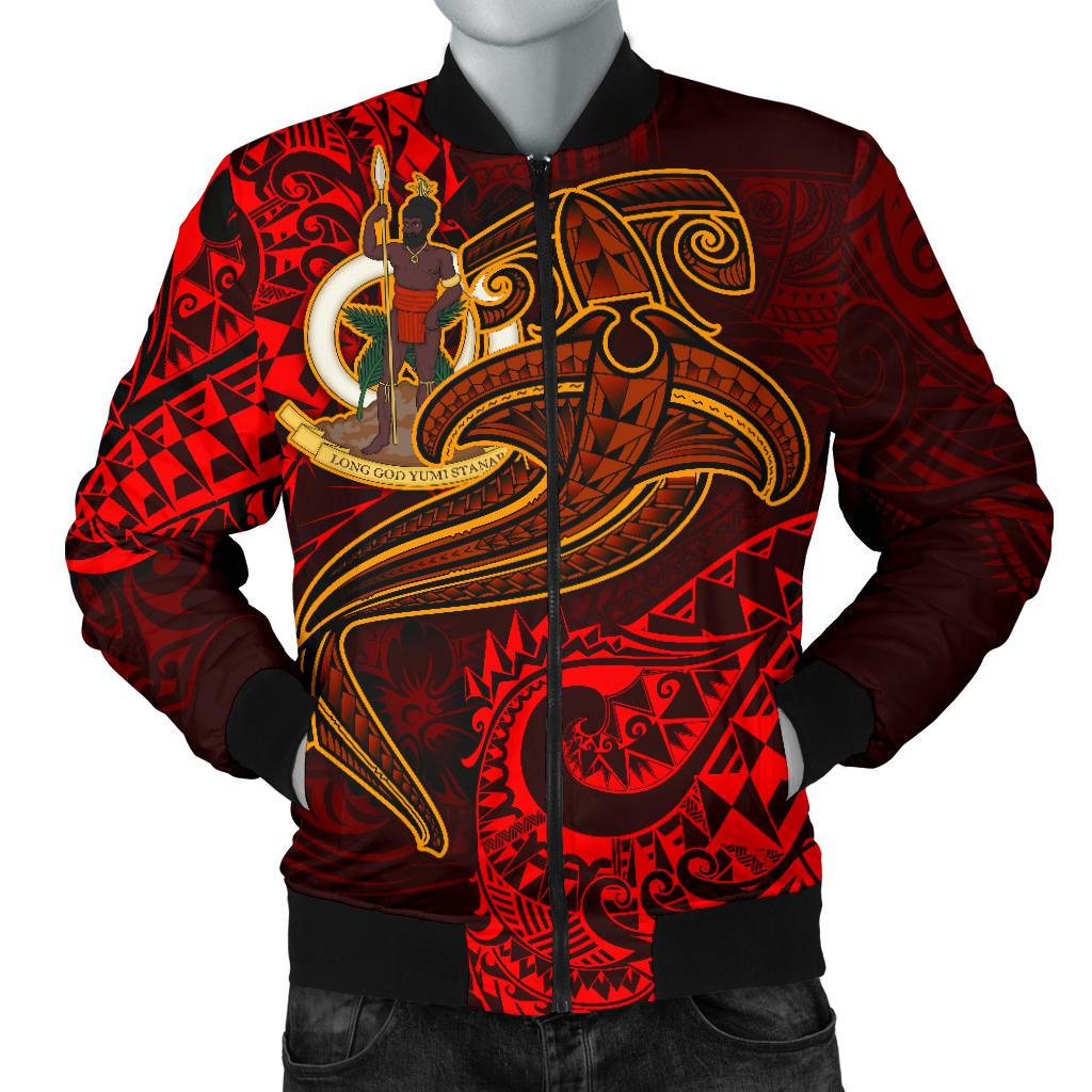 Vanuatu Polynesian Men's Bomber Jacket - Red Shark Polynesian Tattoo Red - Polynesian Pride