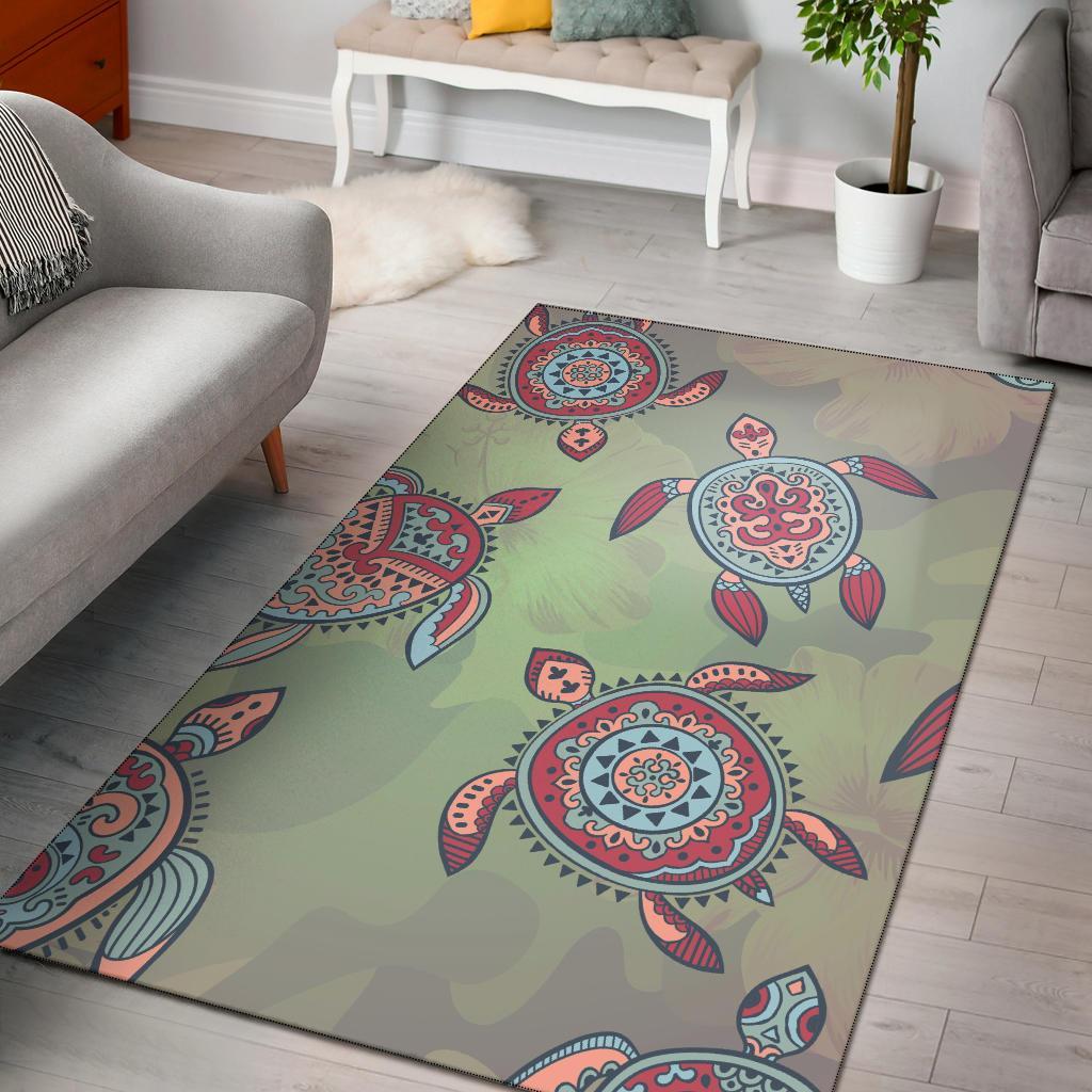 Turtle Colorful Hibiscus Backgorund Area Rug AH Black - Polynesian Pride