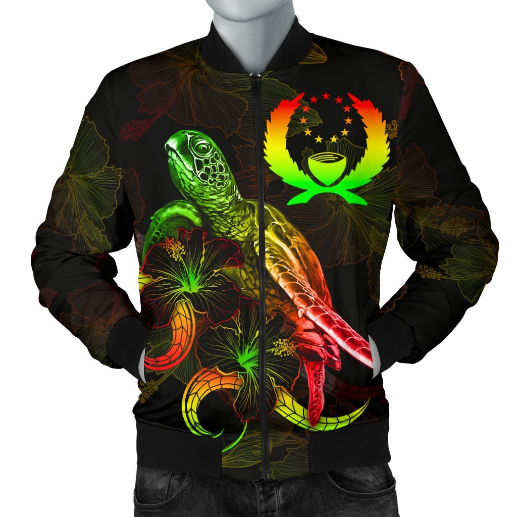 Pohnpei Polynesian Men's Bomber Jacket - Turtle With Blooming Hibiscus Reggae Reggae - Polynesian Pride
