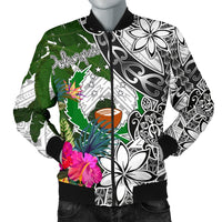 Pohnpei Men's Bomber Jacket White - Turtle Plumeria Banana Leaf White - Polynesian Pride