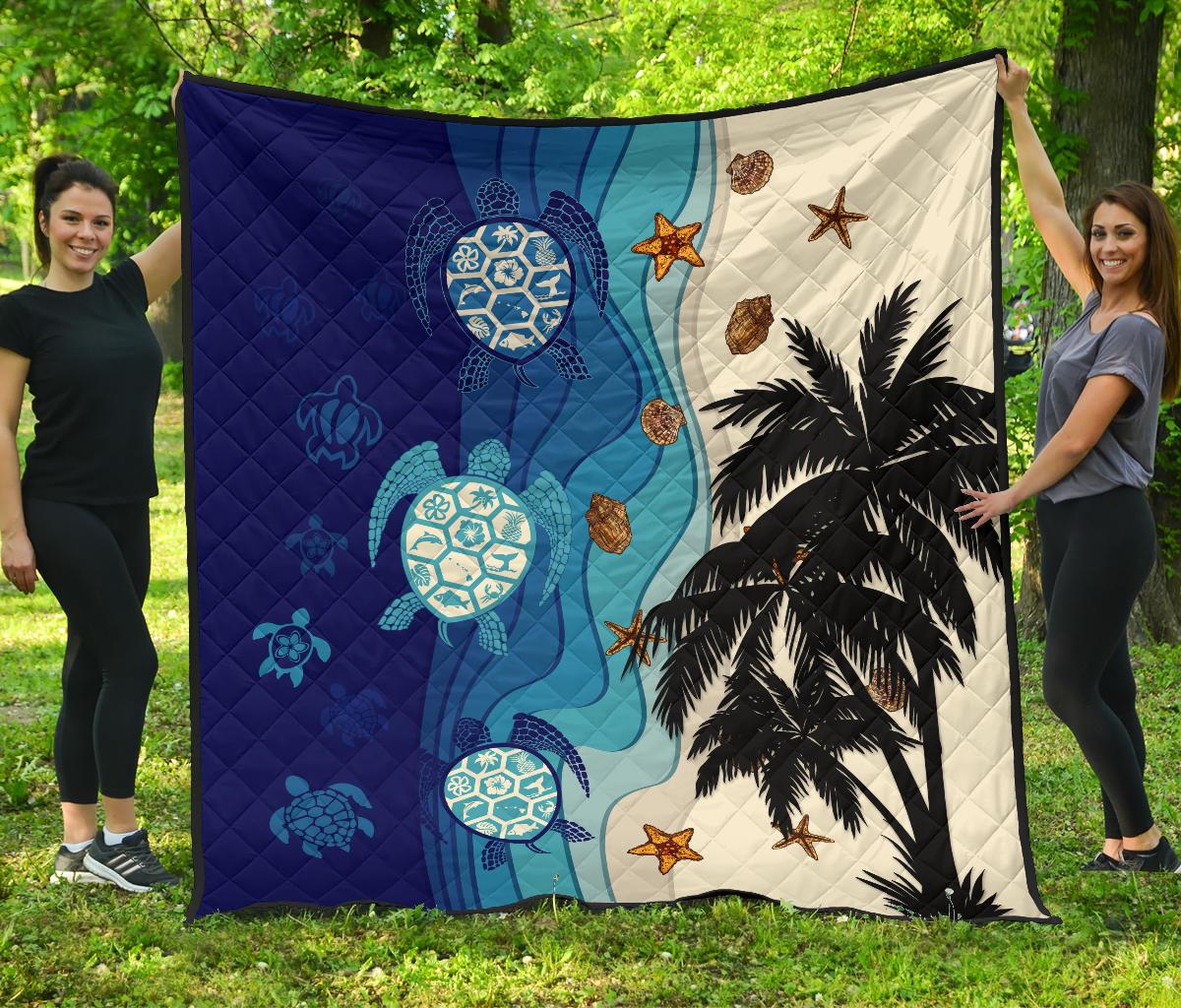 Hawaiian Sea Turtle Symbol Palm Premium Quilt Blue - Polynesian Pride