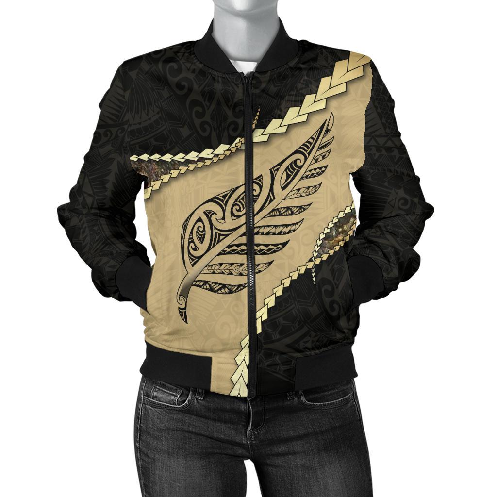 Paua Shell, Maori Silver Fern Women's Bomber Jacket Golden - Polynesian Pride