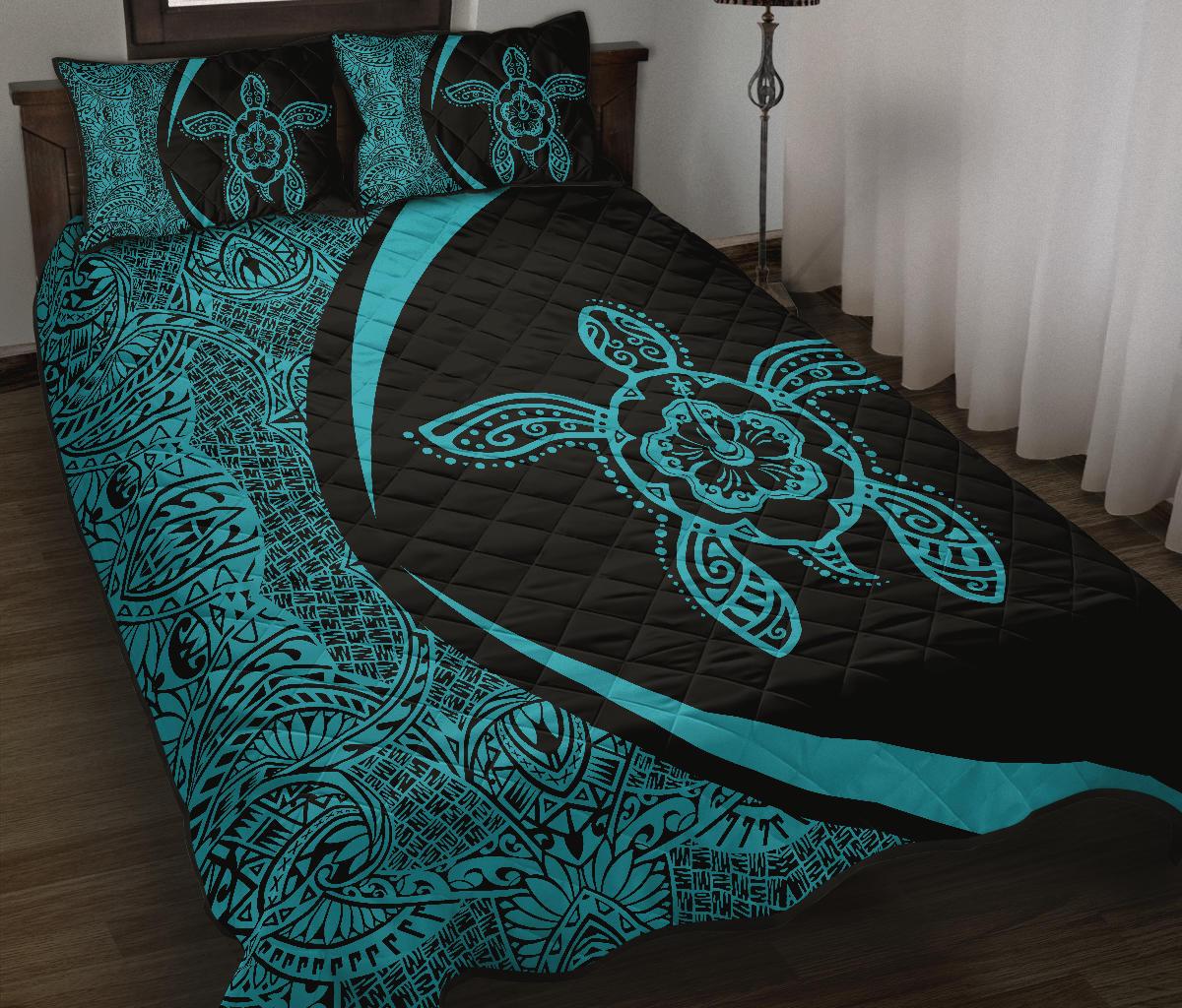Hawaiian Polynesian Turtle Quilt Bed Set - Circle Style Blue - Polynesian Pride