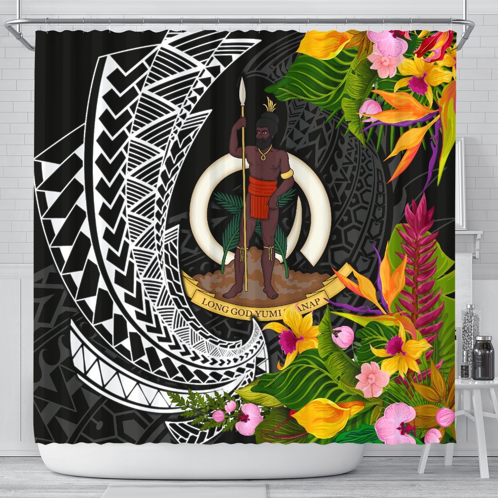 Vanuatu Shower Curtains - Seal Spiral Polynesian Patterns 177 x 172 (cm) Black - Polynesian Pride