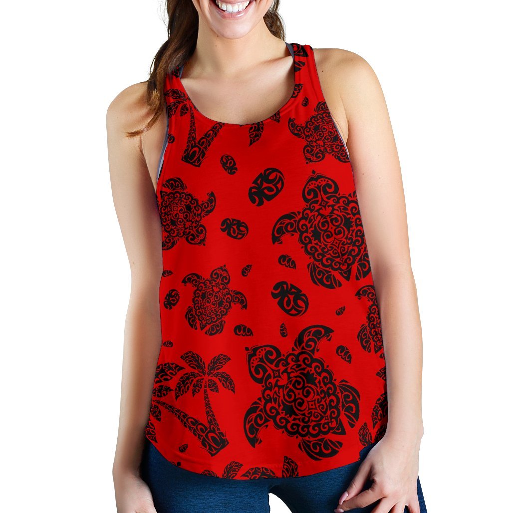 Polynesian Turtle Palm And Sea Pebbles Red Women's Racerback Tank Top Red - Polynesian Pride