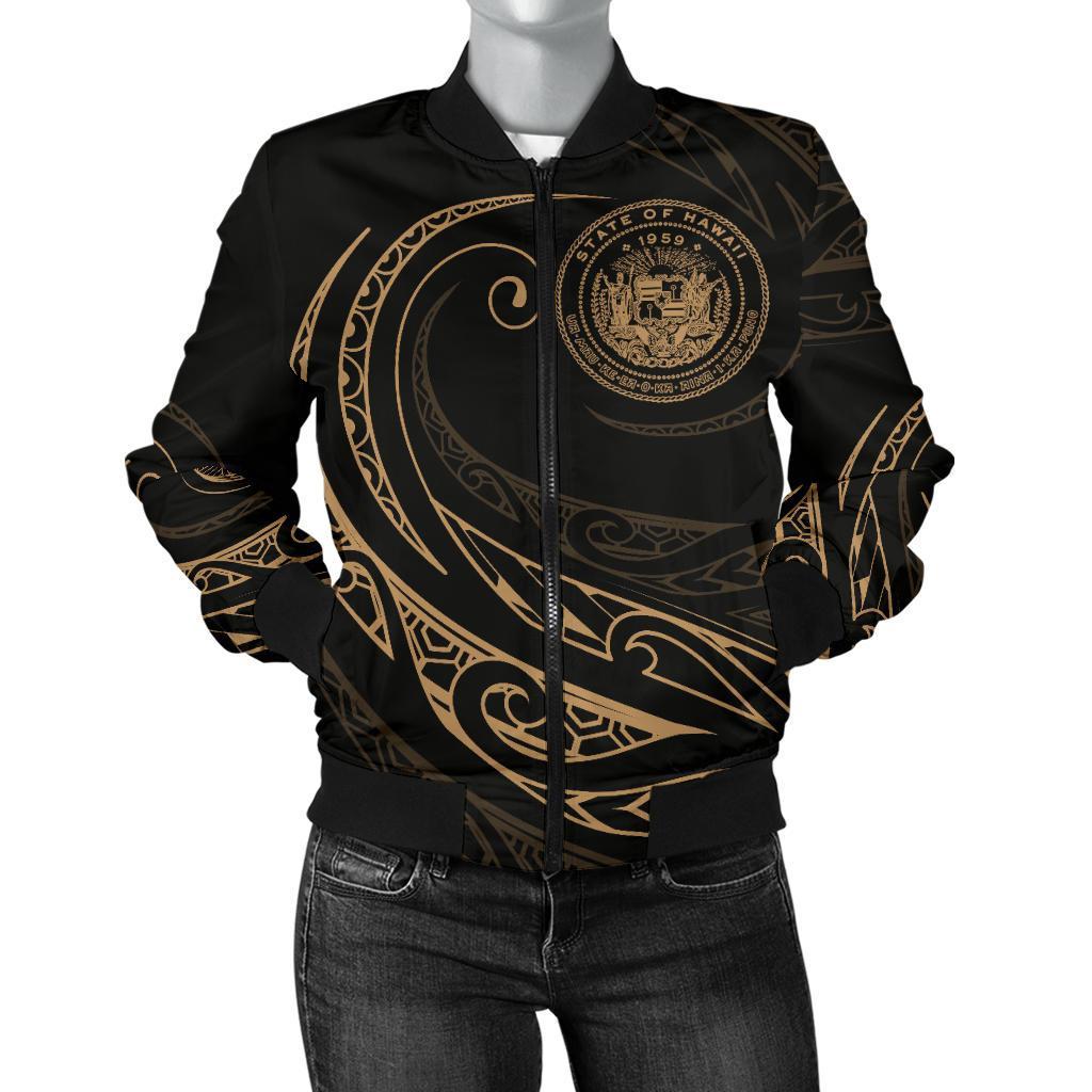 Hawaii Coat Of Arms Polynesian Women's Bomber Jacket - Gold - Frida Style Gold - Polynesian Pride