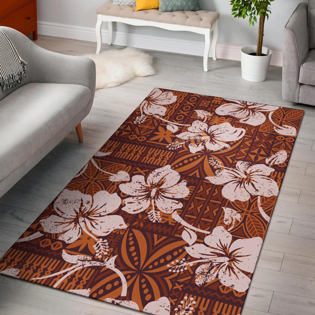 Polynesian Area Rug - Tribal Vintage Hibiscus Flowers Vintage Color - Polynesian Pride