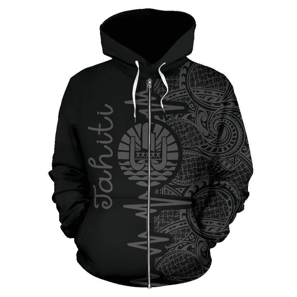 Tahiti Polynesian Zip up Hoodie Tahiti Flag Heartbeat Pattern Gray Version TH0 - Polynesian Pride