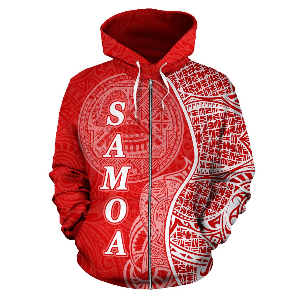 American samoa Polynesian Zip up Hoodie Coconut Tree Red and White - Polynesian Pride
