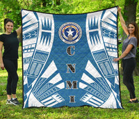 Northern Mariana Islands Premium Quilt - Northern Mariana Islands Seal Polynesian White Tattoo (Blue) - Polynesian Pride
