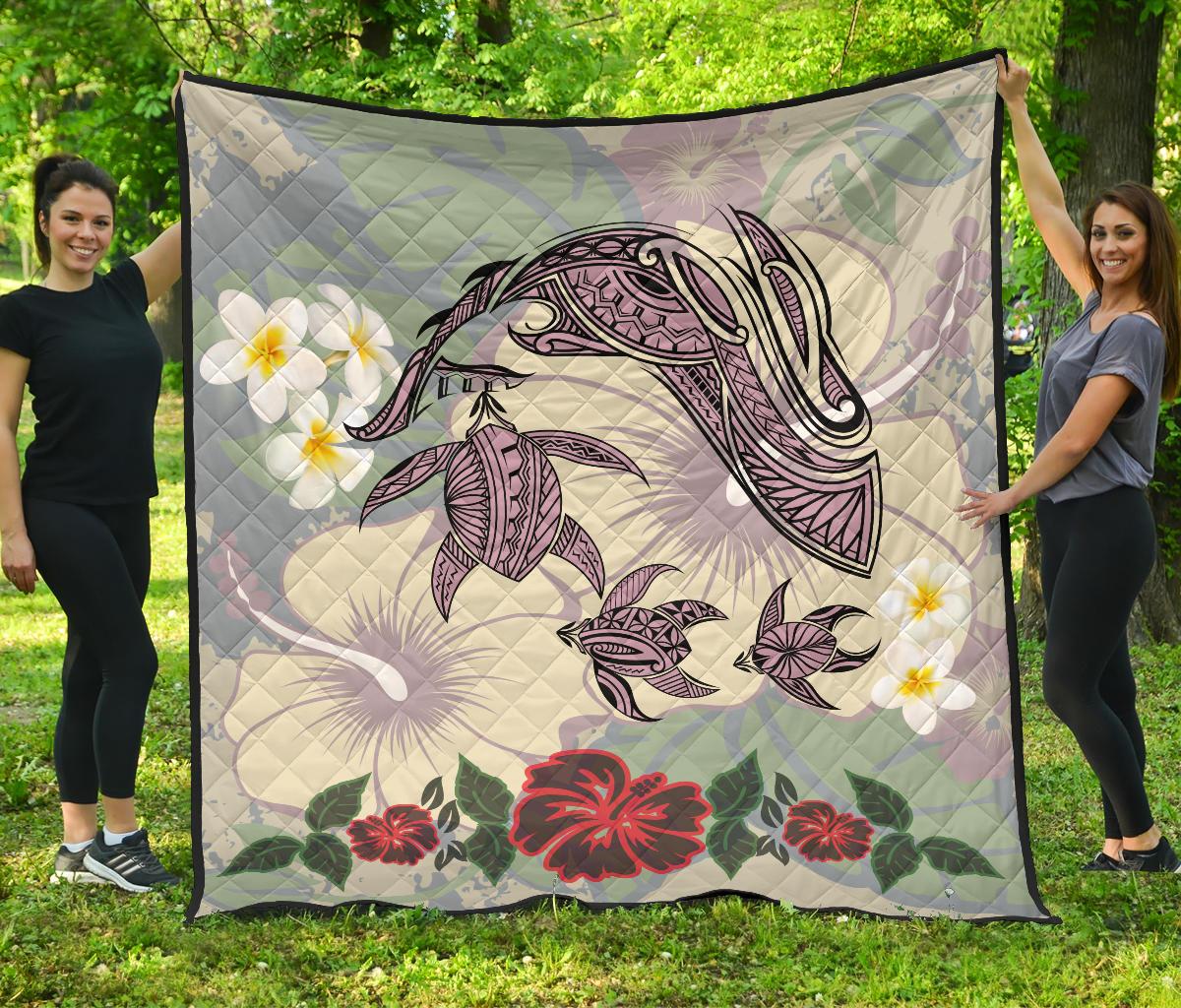 Hawaii Turtle Shark Hibiscus Premium Quilt - Beige - LH Style Beige - Polynesian Pride