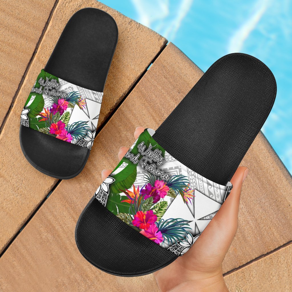 Wallis And Futuna Slide Sandals - Turtle Plumeria Banana Leaf Black - Polynesian Pride