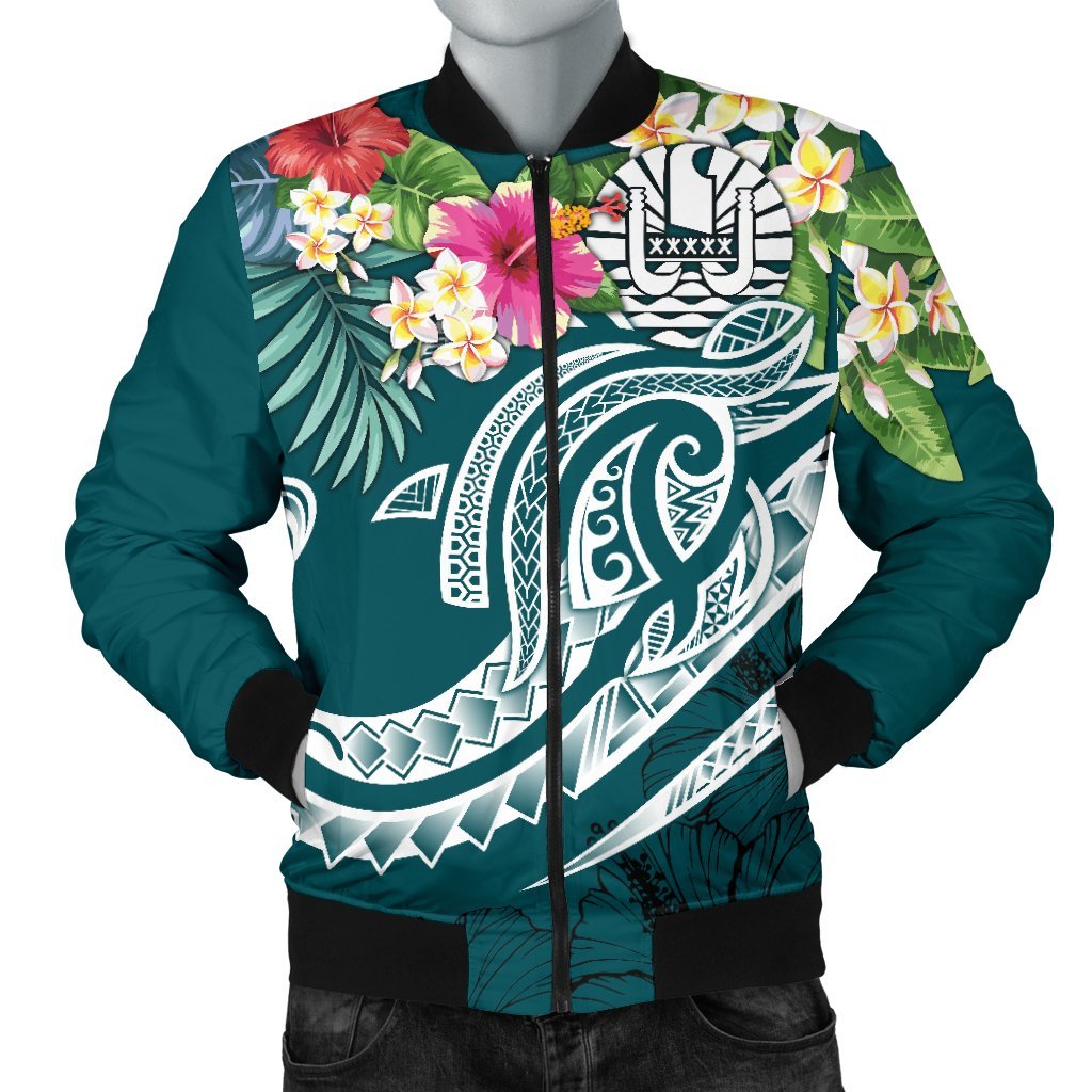 Tahiti Polynesian Men's Bomber Jacket - Summer Plumeria (Turquoise) Turquoise - Polynesian Pride