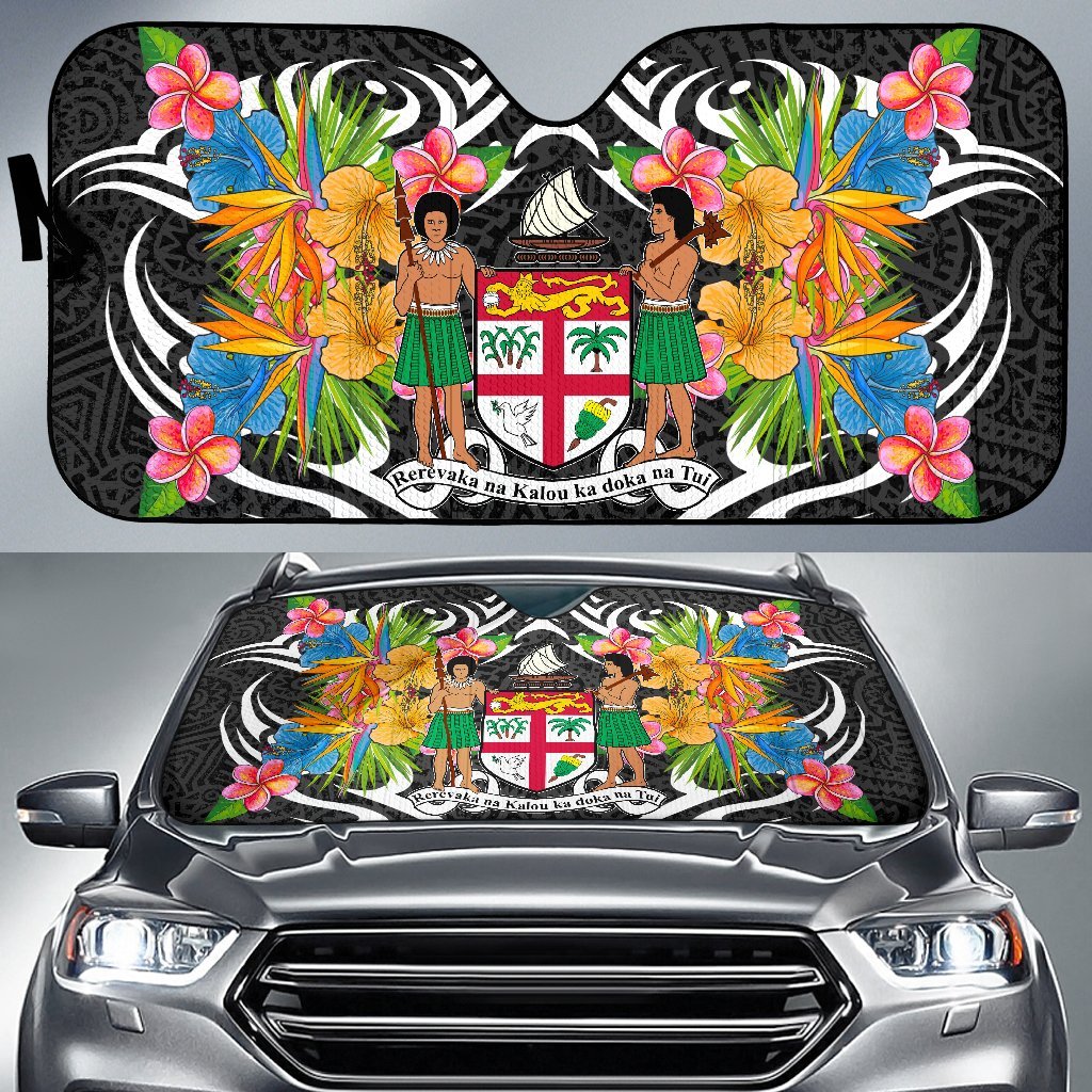 Fiji Auto Sun Shades - Coat Of Arms With Tropical Flowers Auto Sun Shade - Fiji Universal Fit Black - Polynesian Pride