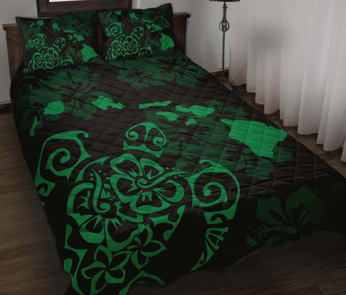 Hawaii Quilt Bed Set - Turtle Hibiscus Map Green Quilt Bed Set - Polynesian Pride