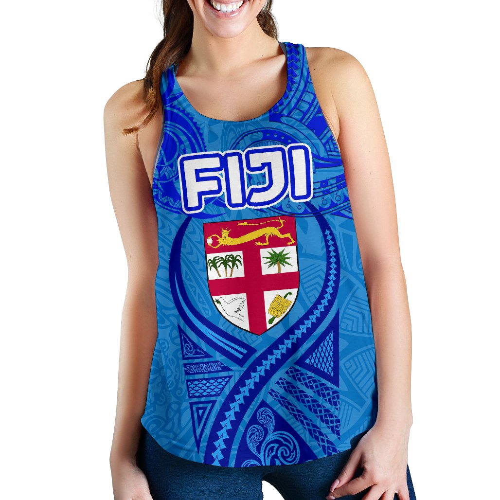 Blue Women Racerback Tank Fiji Rugby Polynesian Waves Style Blue - Polynesian Pride