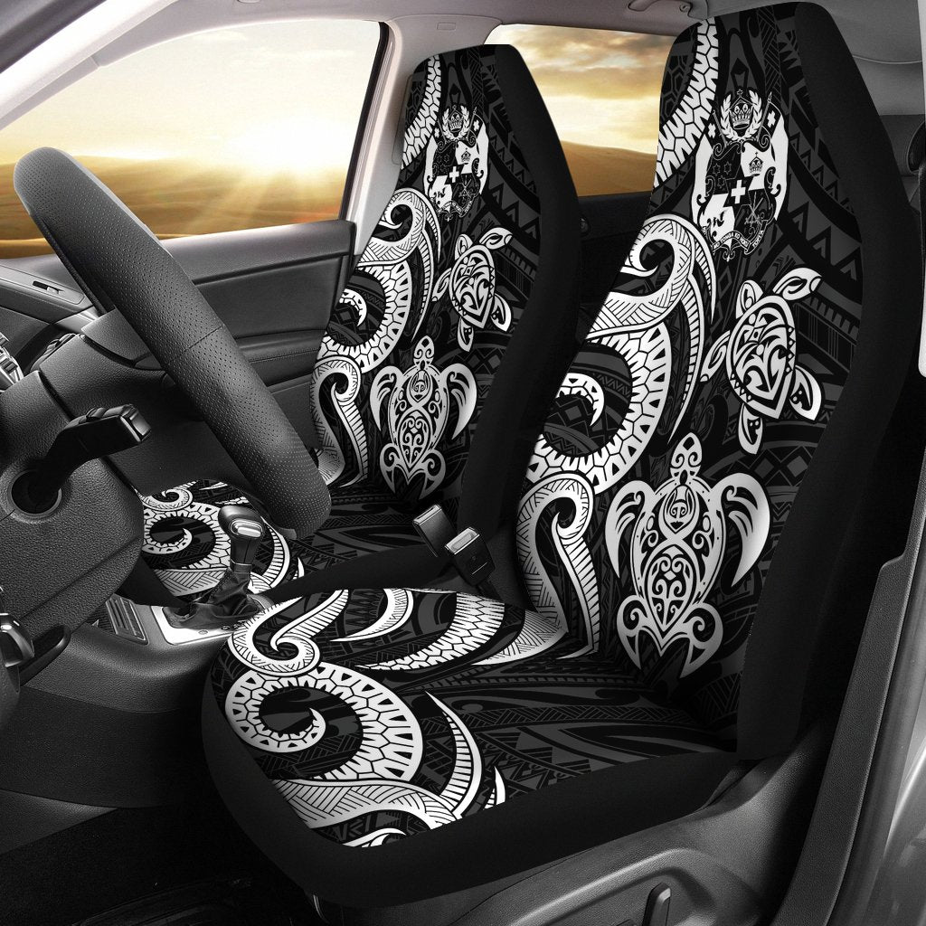 Tonga Polynesian Car Seat Covers - White Tentacle Turtle Universal Fit Black - Polynesian Pride