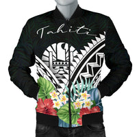 Tahiti Men's Bomber Jacket - Tahiti Caledonia Coat of Arms & Polynesian Tropical Flowers White White - Polynesian Pride