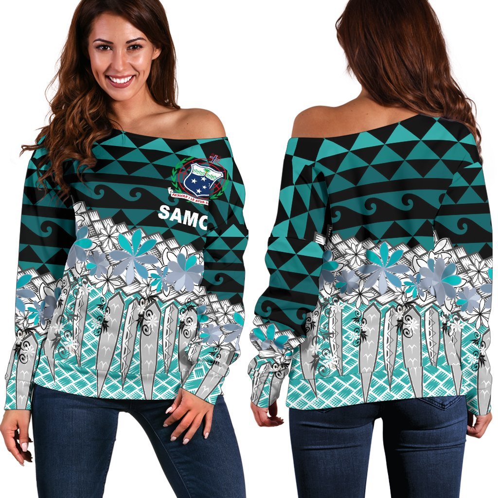 Samoa Women's Off Shoulder Sweater - Coconut Leaves Weave Pattern Blue Blue - Polynesian Pride