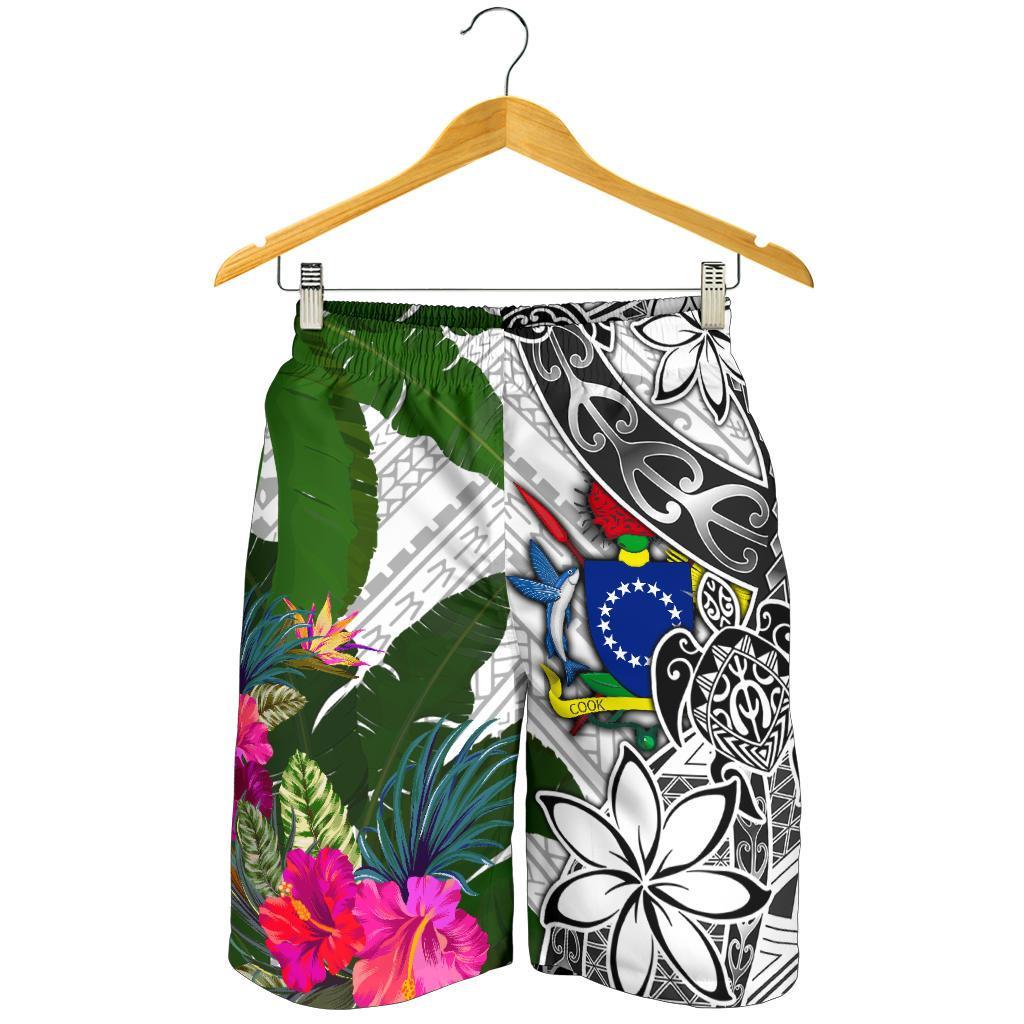 Cook Islands Men's Short White - Turtle Plumeria Banana Leaf - Polynesian Pride