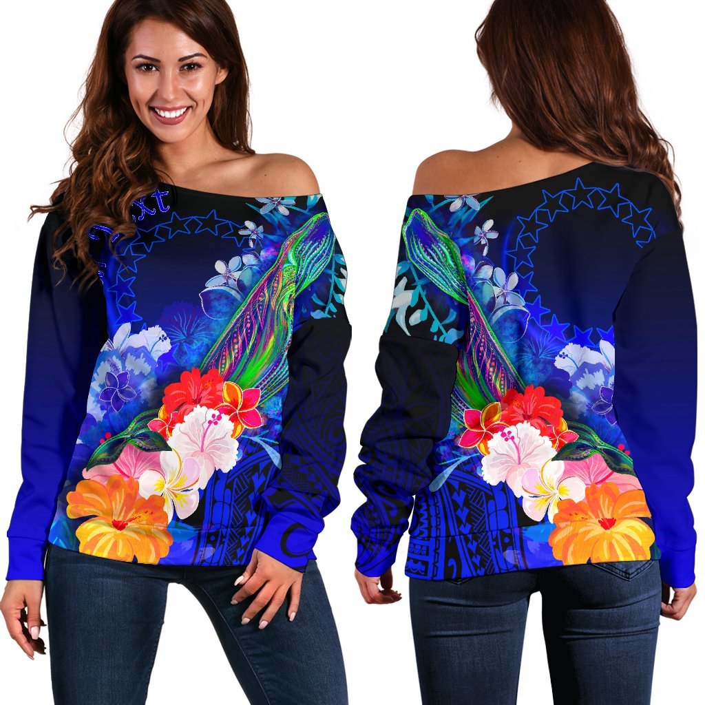 Cook Islands Custom Personalised Women's Sweater - Humpback Whale with Tropical Flowers (Blue) - Polynesian Pride