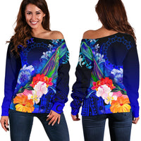 Cook Islands Custom Personalised Women's Sweater - Humpback Whale with Tropical Flowers (Blue) - Polynesian Pride