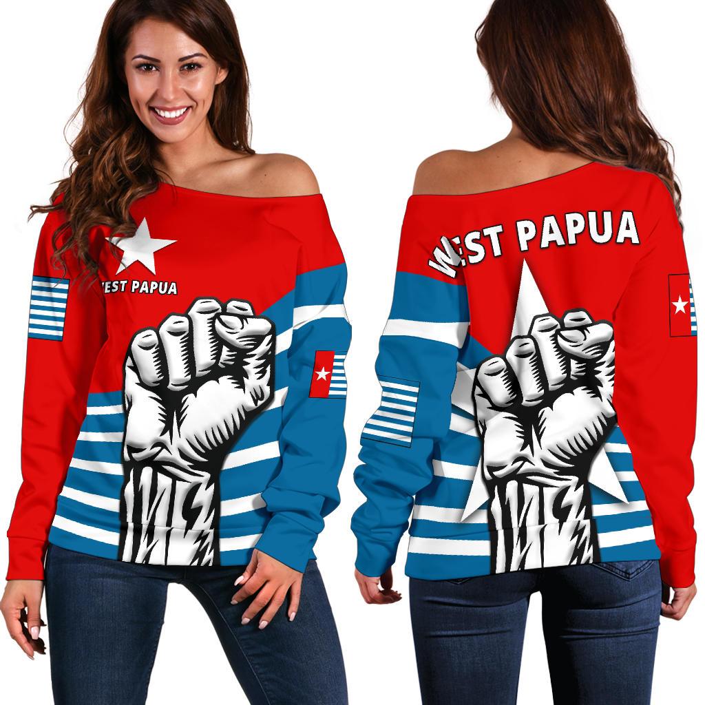 Free West Papua Women Off Shoulder Sweater Blue - Polynesian Pride